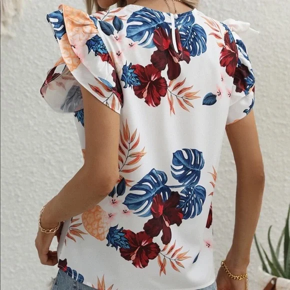Boho Floral Tropical Print Butterfly Sleeve Top Blouse - Picture 4 of 4